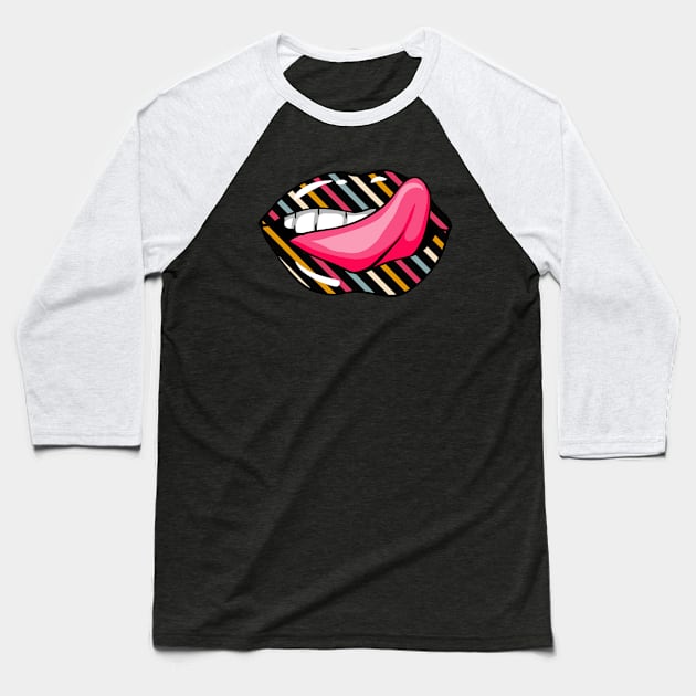 Artistic Abstract  Multicolor Stripes Pattern Lips  with Pink Tongue - by Iskybibblle Baseball T-Shirt by iskybibblle